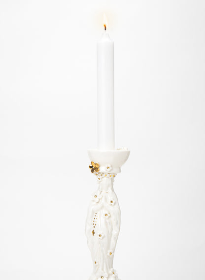 Madonna Candlestick with White and Gold Flowers