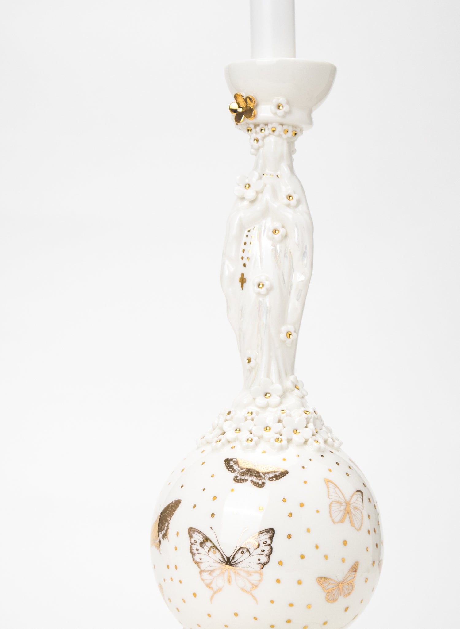 Madonna Candlestick with White and Gold Flowers
