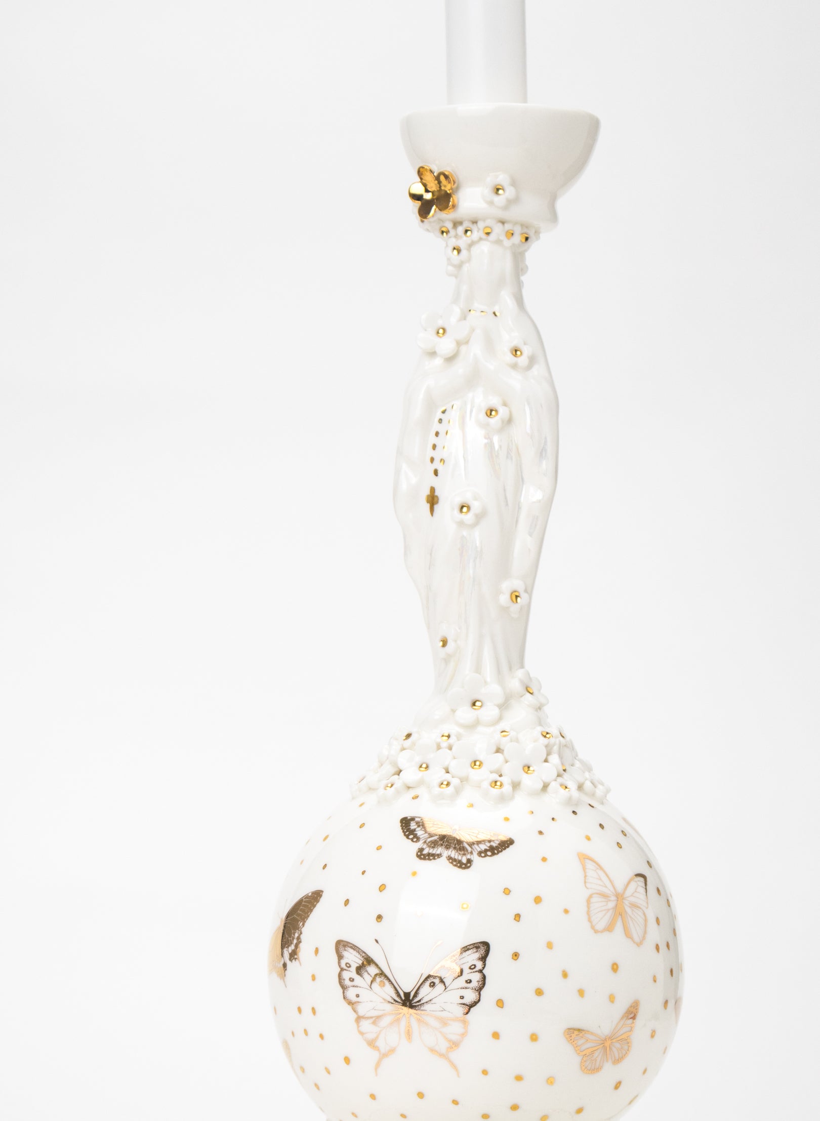 Madonna Candlestick with White and Gold Flowers