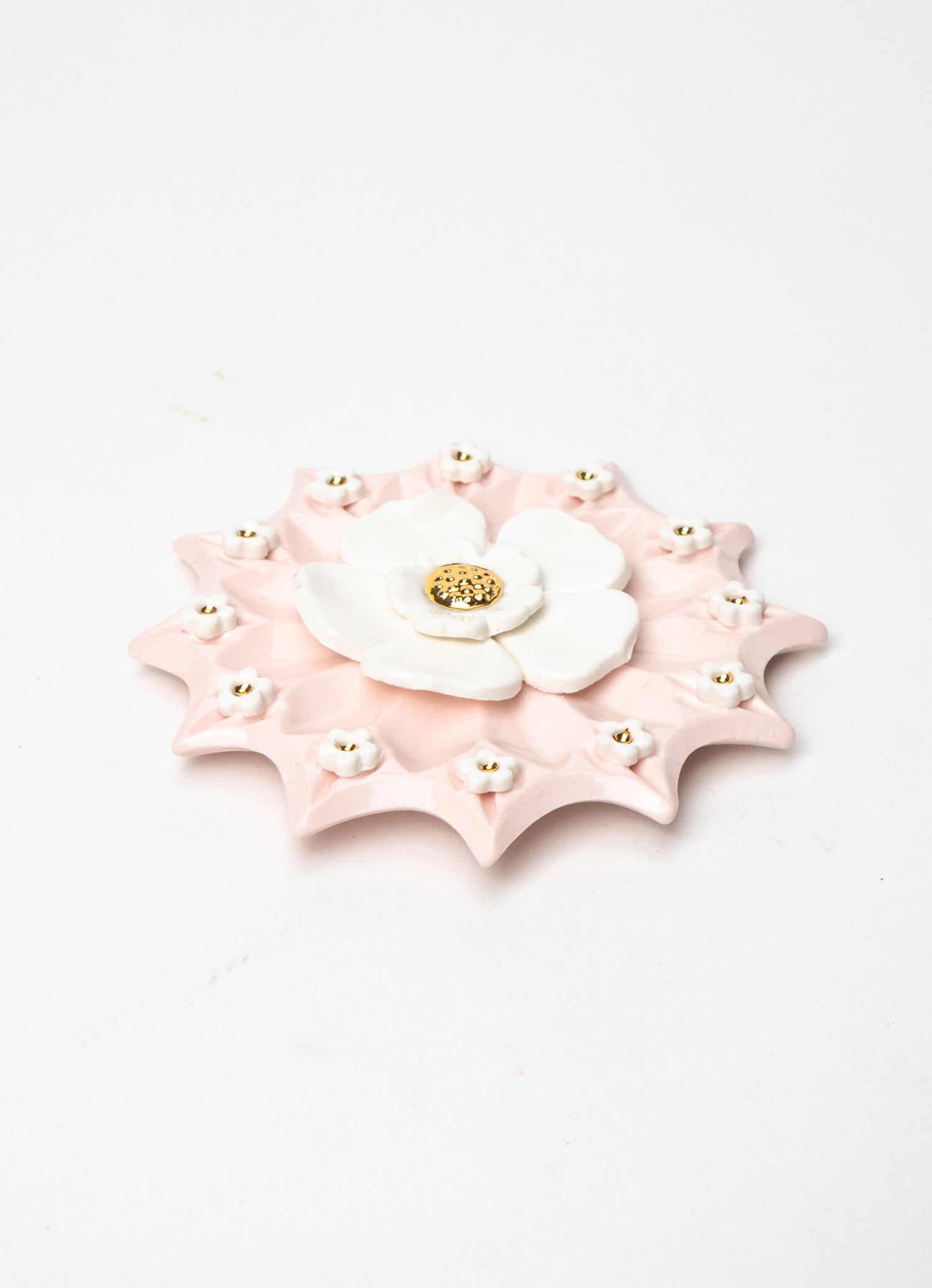 Spikey Pink Wall Plate with White and Gold Flowers