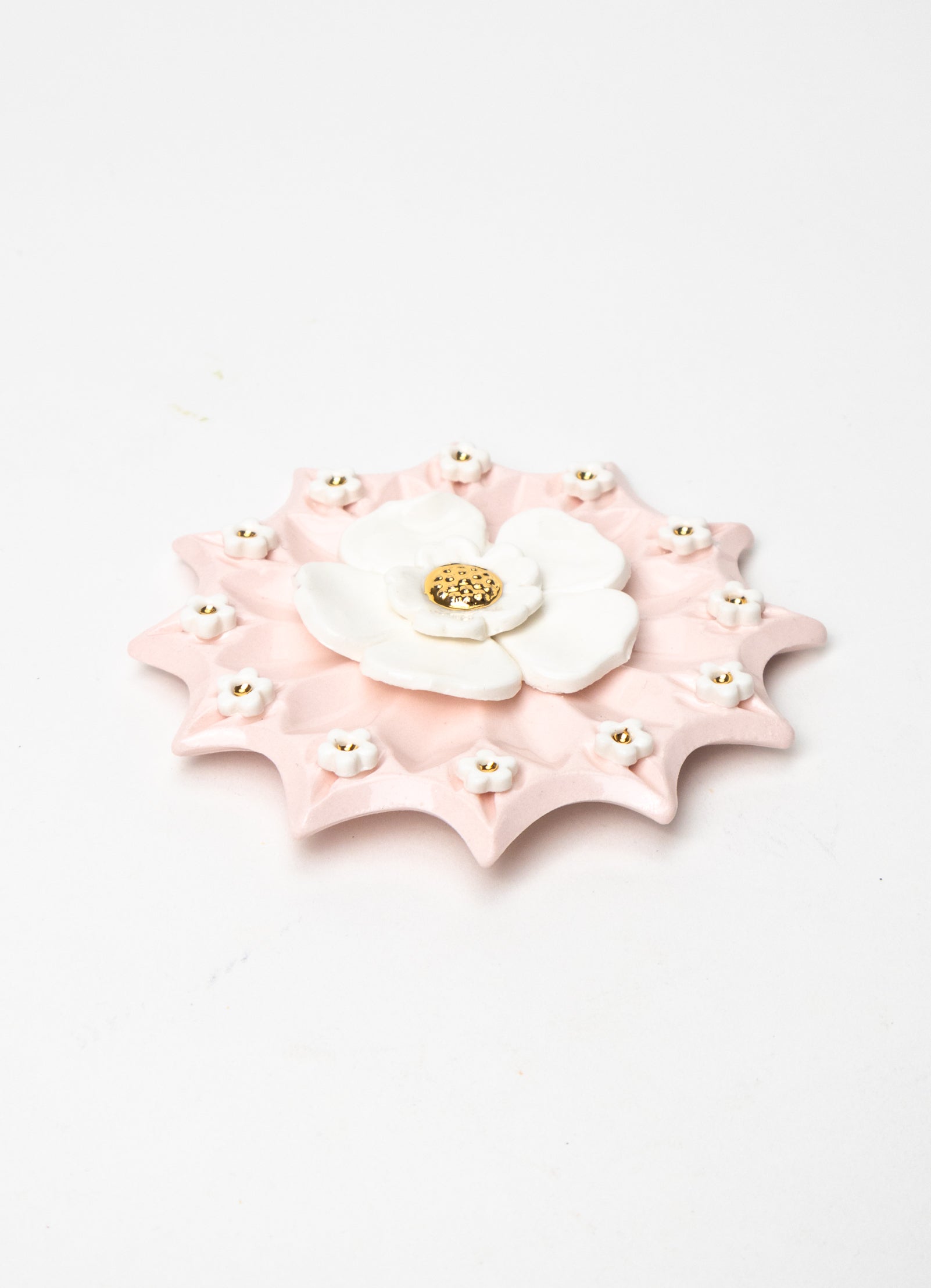 Spikey Pink Wall Plate with White and Gold Flowers