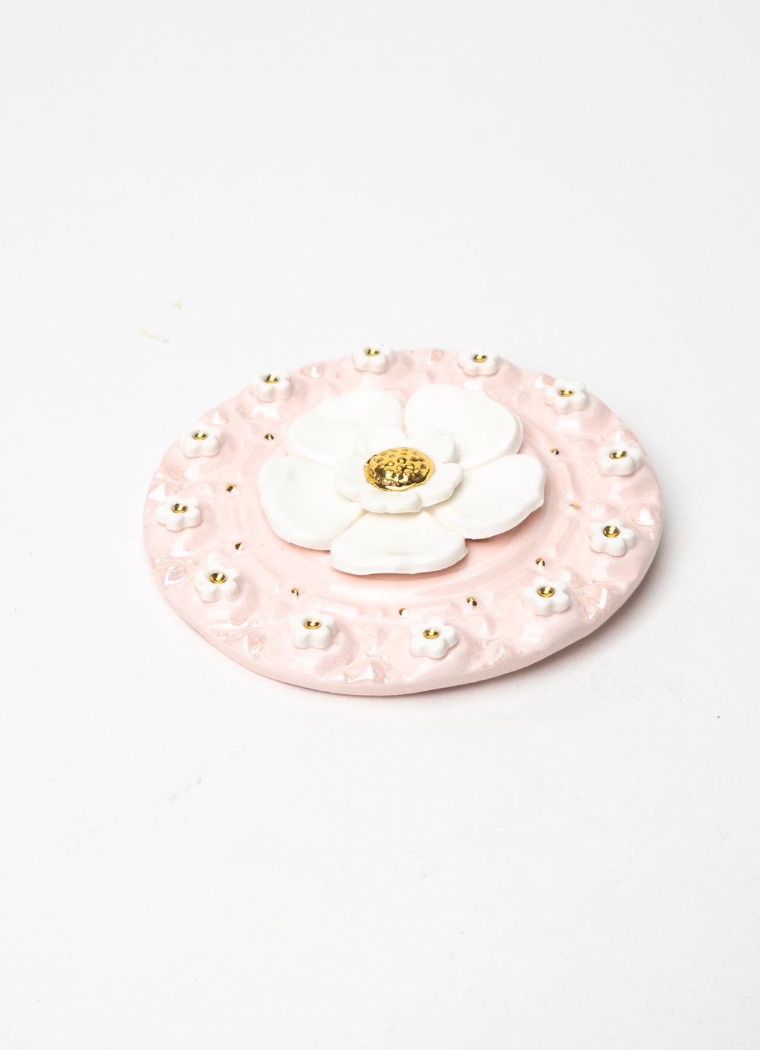 Round Pink Wall Plate with White and Gold Flowers