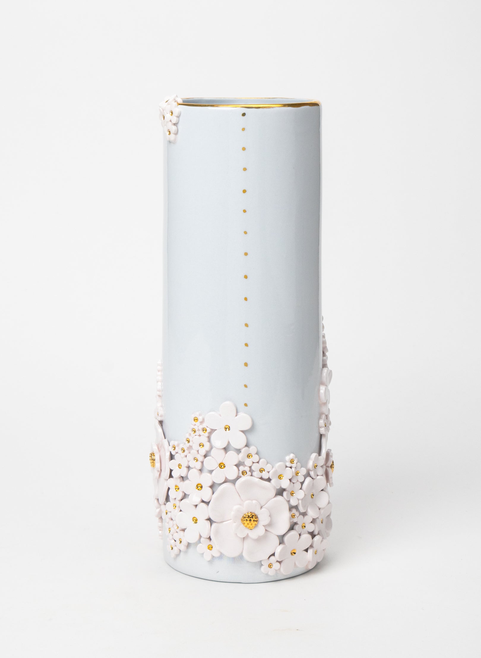 XXL Round Tall Blue Vase with White and Gold Flowers