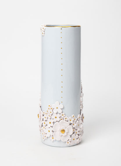 XXL Round Tall Blue Vase with White and Gold Flowers