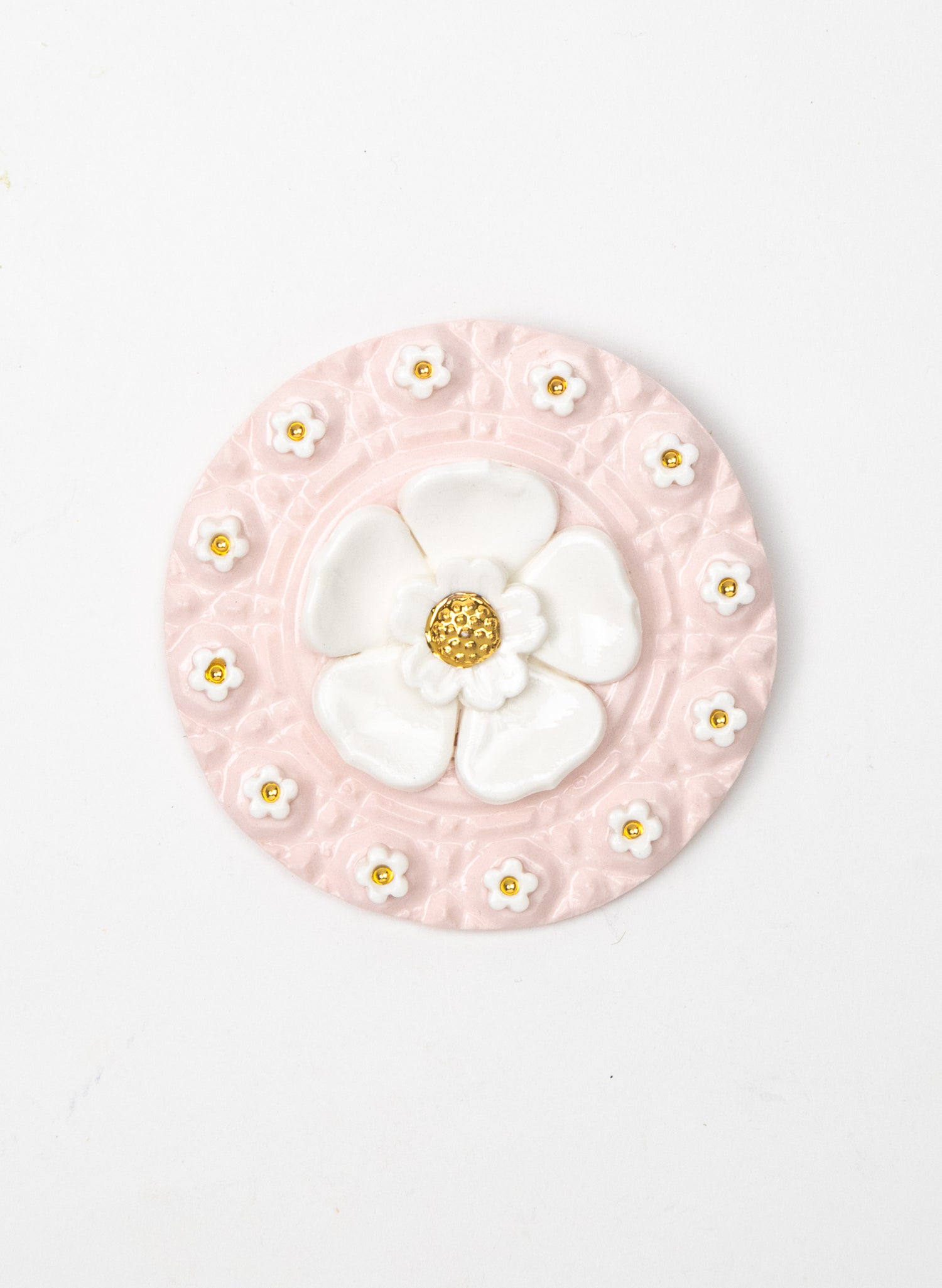 Round Pink Wall Plate with White and Gold Flowers