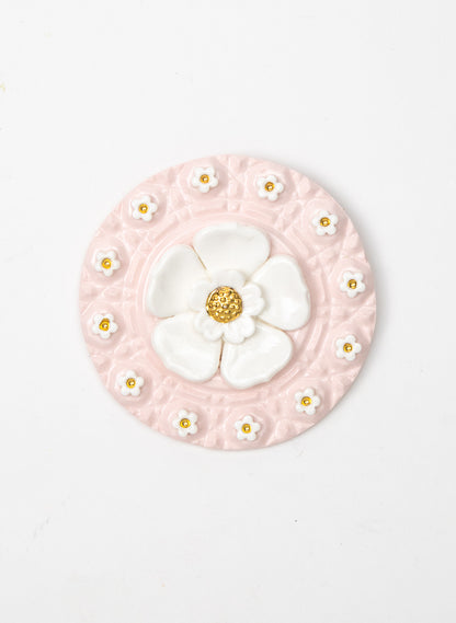 Round Pink Wall Plate with White and Gold Flowers