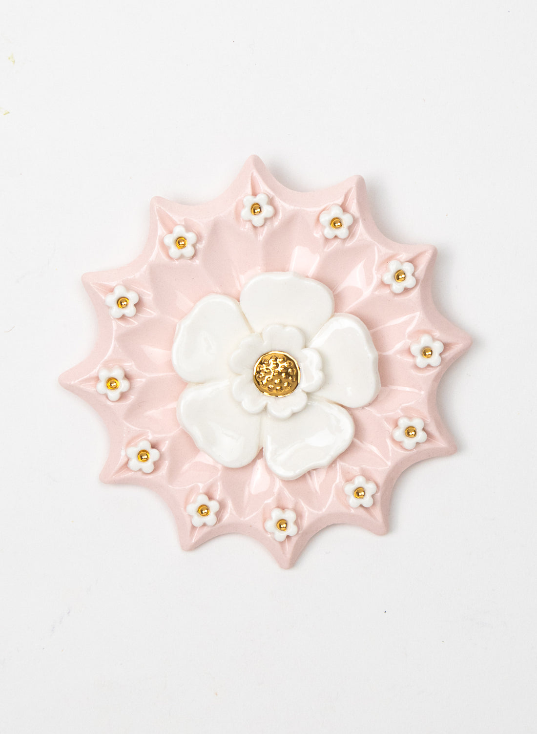 Spikey Pink Wall Plate with White and Gold Flowers