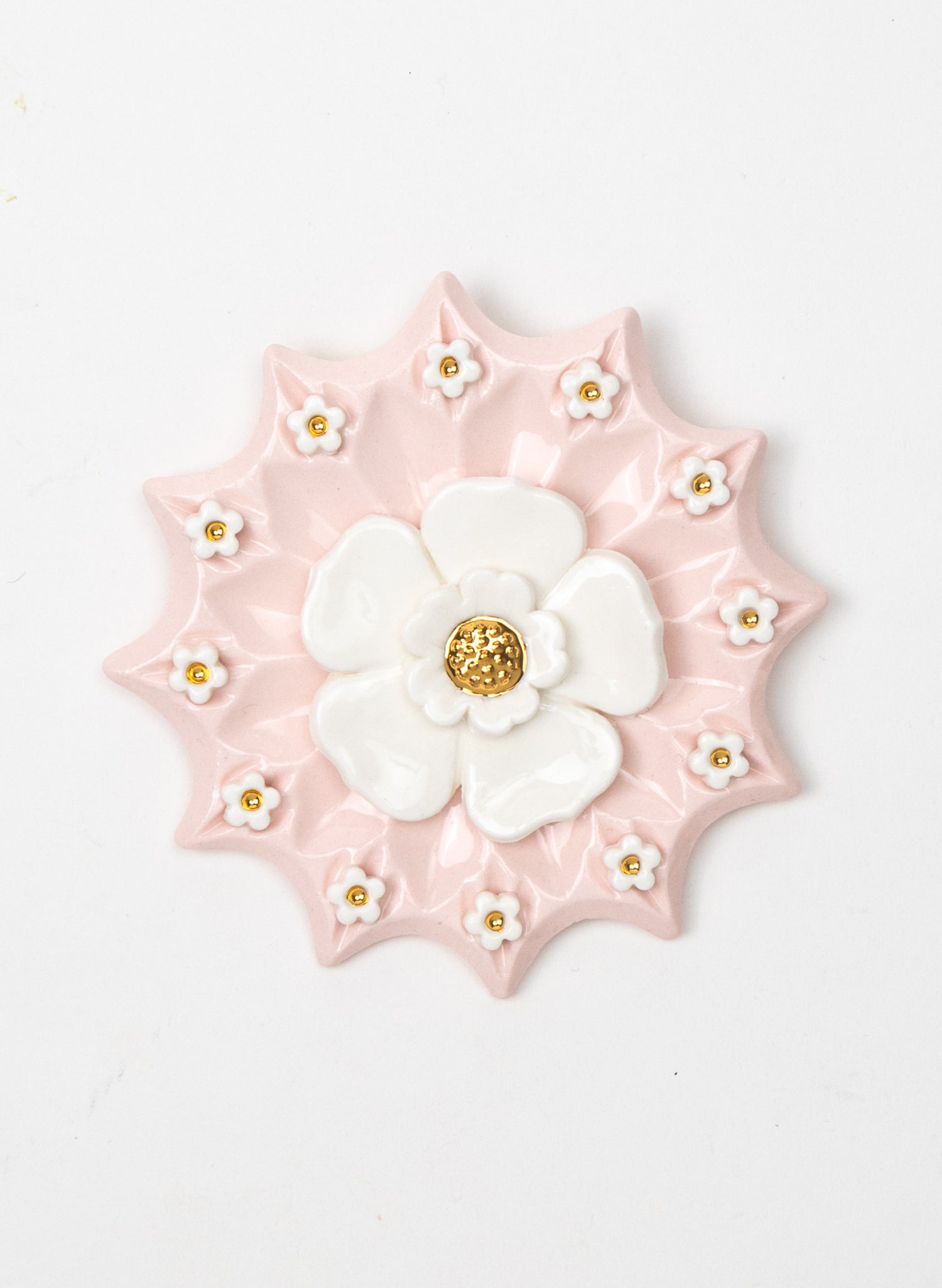 Spikey Pink Wall Plate with White and Gold Flowers