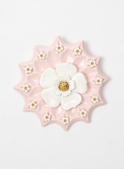 Spikey Pink Wall Plate with White and Gold Flowers