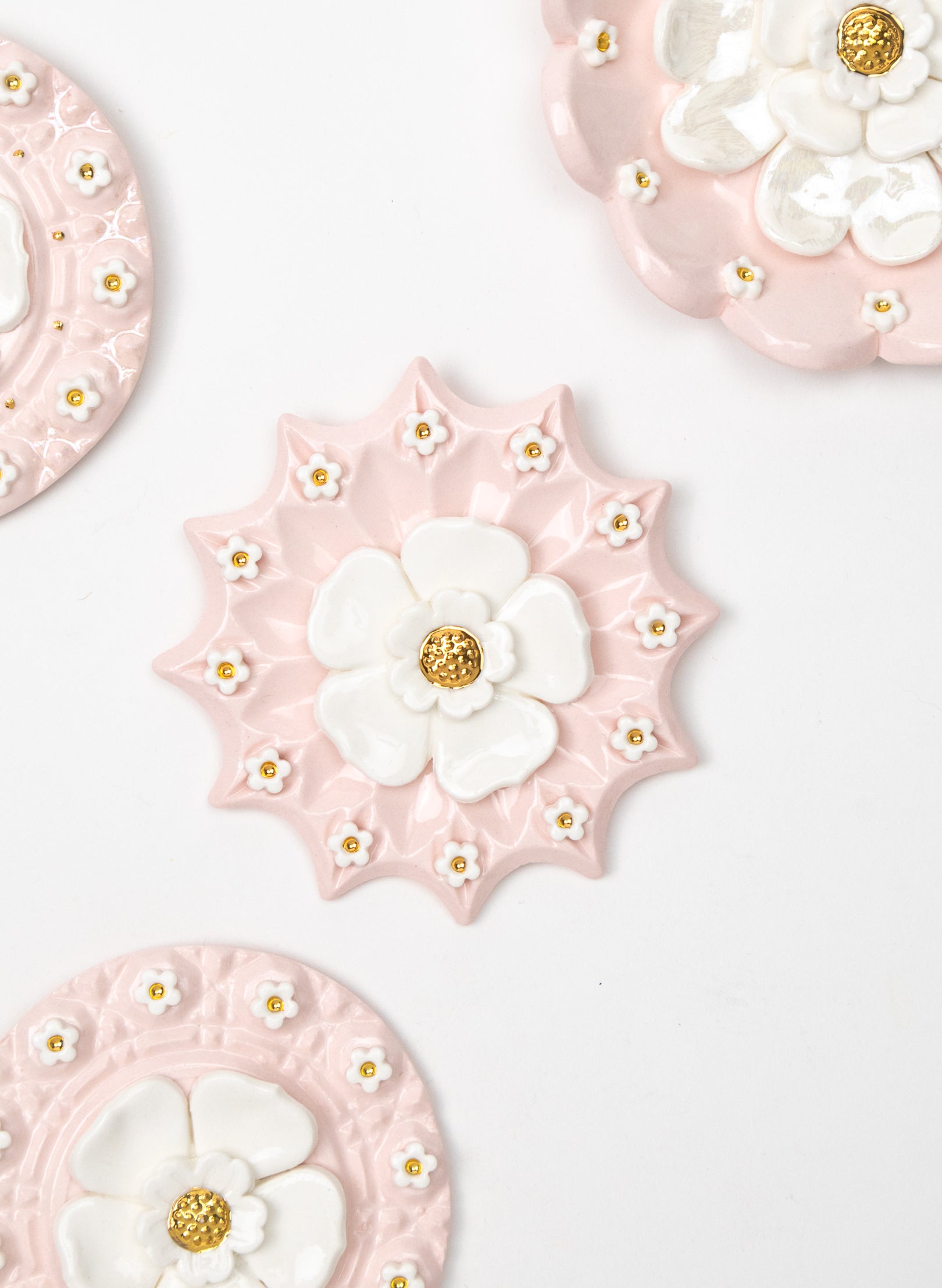 Spikey Pink Wall Plate with White and Gold Flowers