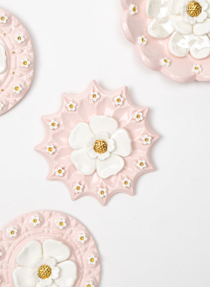 Spikey Pink Wall Plate with White and Gold Flowers
