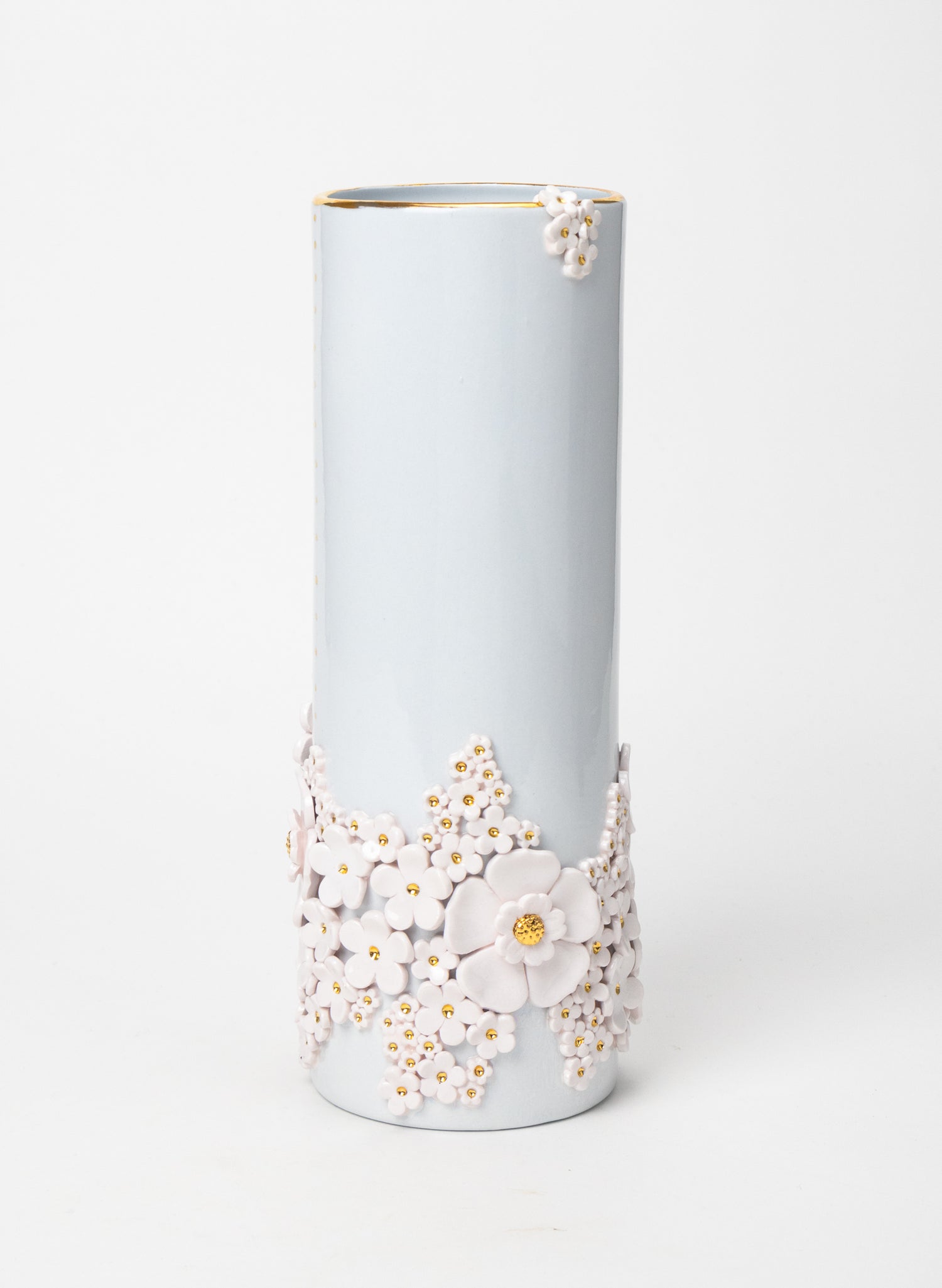 XXL Round Tall Blue Vase with White and Gold Flowers