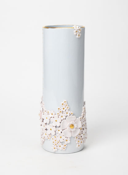 XXL Round Tall Blue Vase with White and Gold Flowers