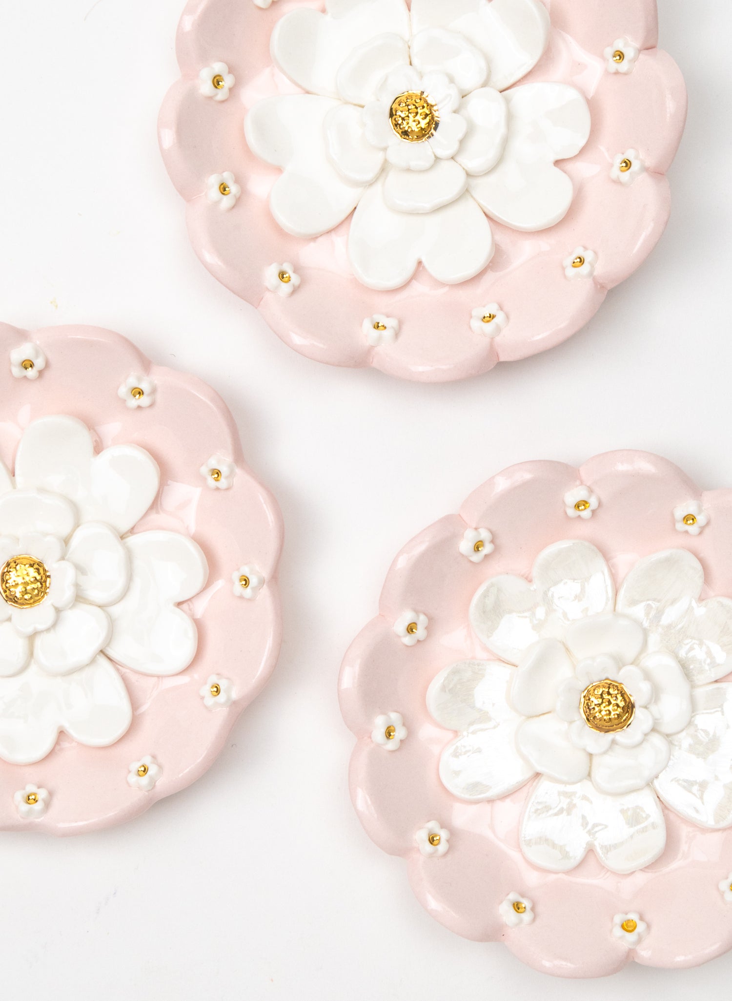 Pink Wall Plates with White and Gold Flowers