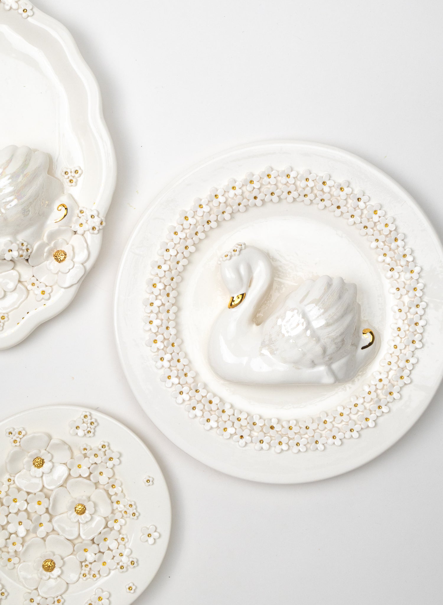 Large Round Swan Wall Plate with White and Gold Flowers