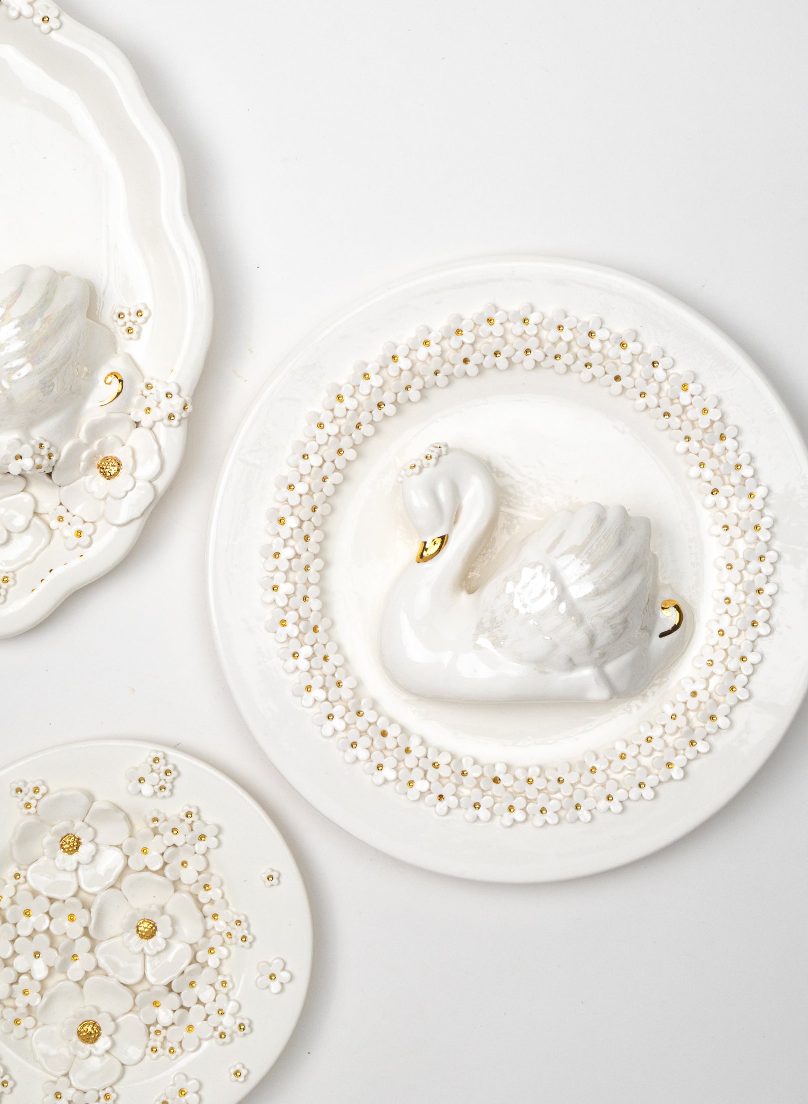 Large Round Swan Wall Plate with White and Gold Flowers