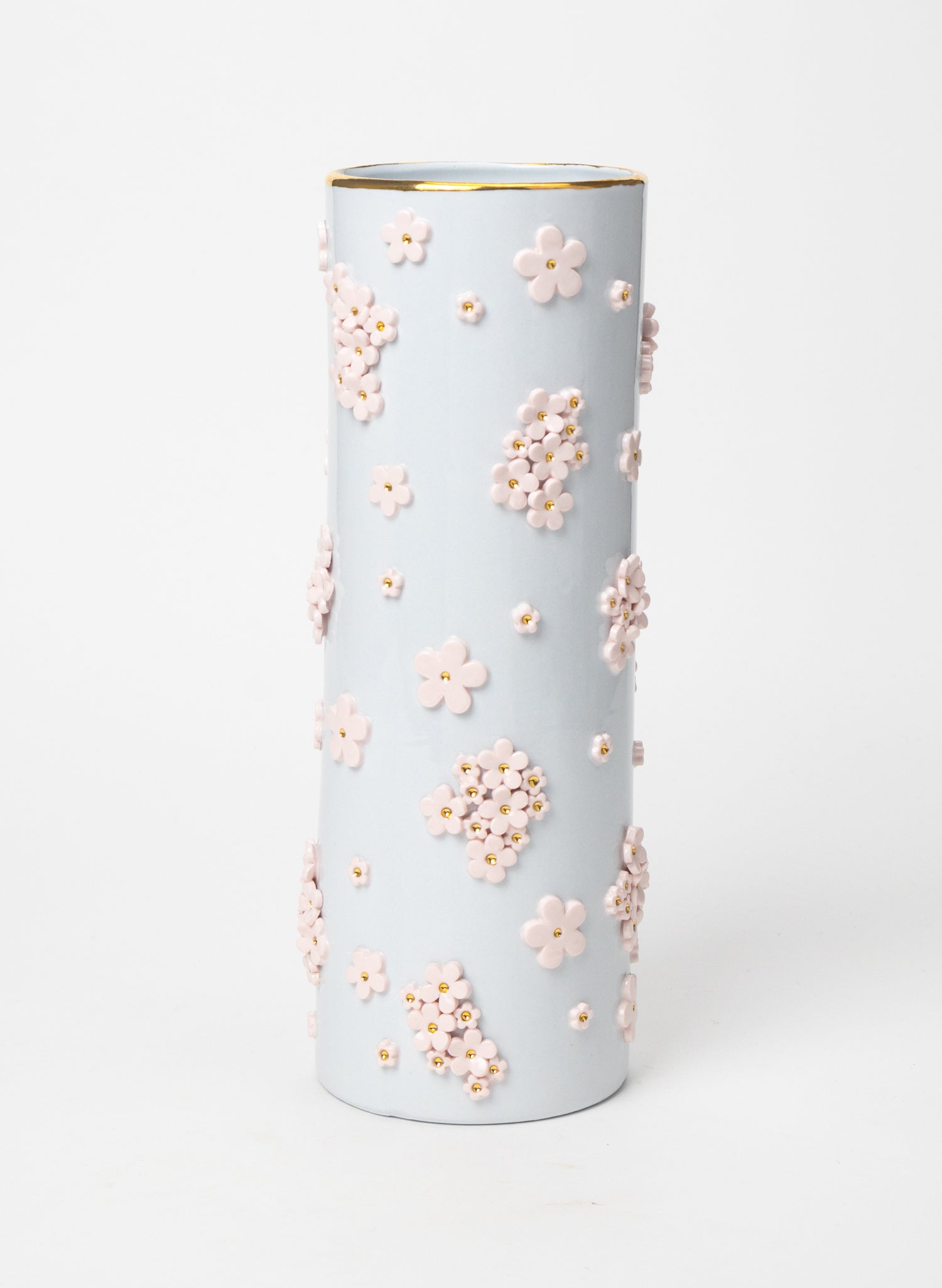 XXL Round Tall Blue Vase with White and Gold Flowers
