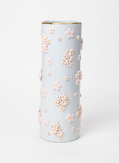 XXL Round Tall Blue Vase with White and Gold Flowers
