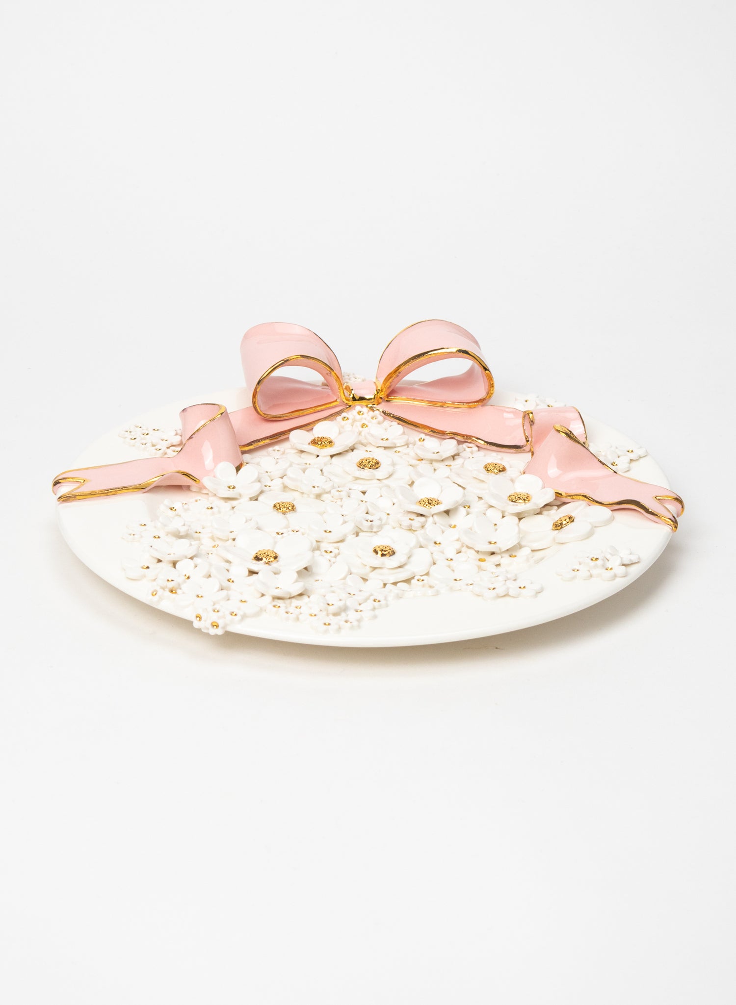 Large Round Wall Plate with Pink Bow and White and Gold Flowers