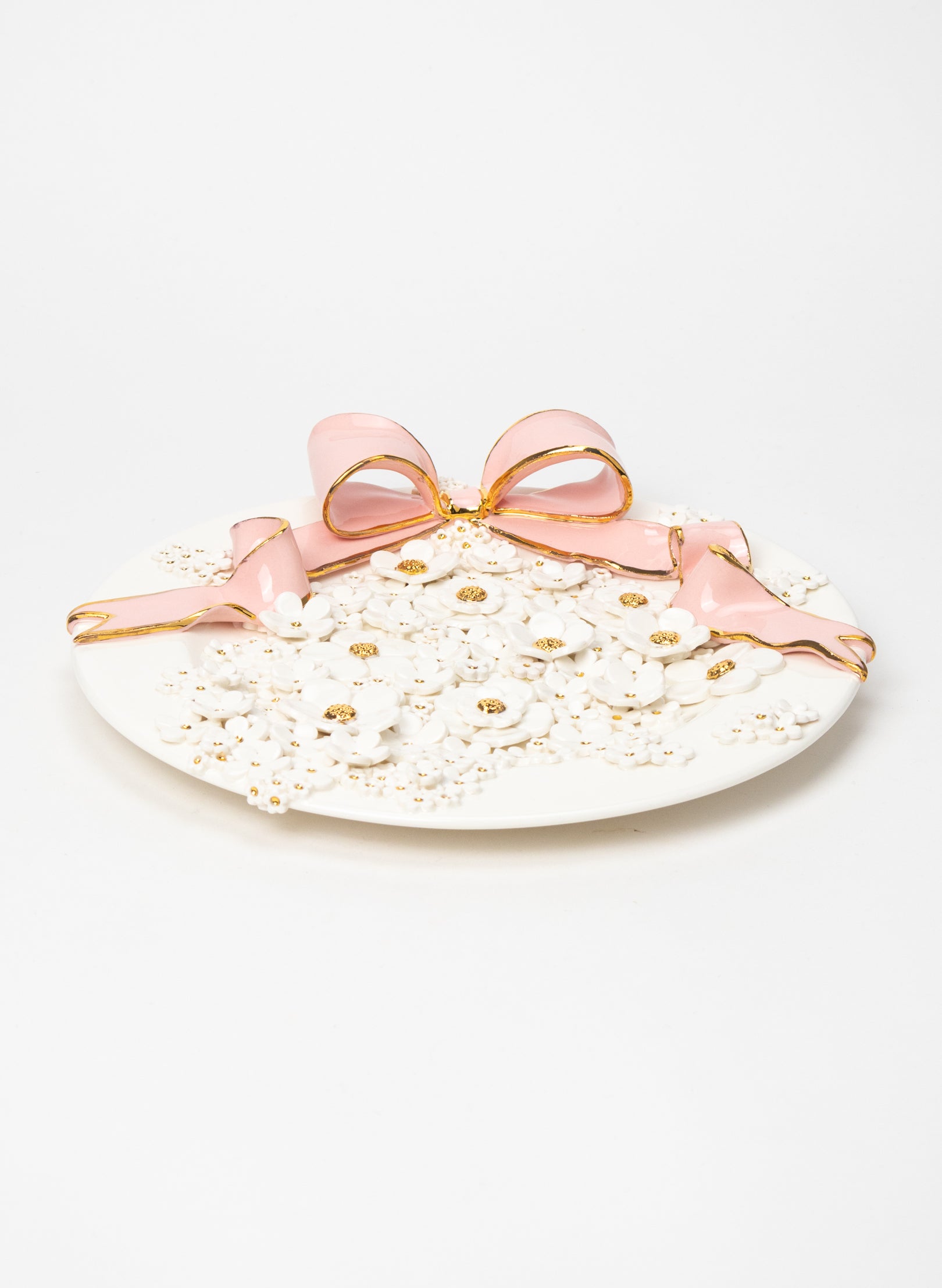 Large Round Wall Plate with Pink Bow and White and Gold Flowers