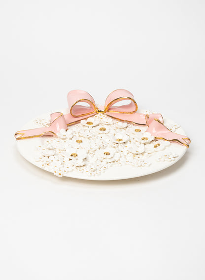 Large Round Wall Plate with Pink Bow and White and Gold Flowers