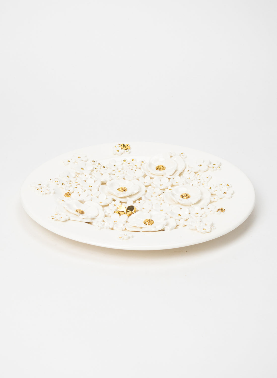 Large Round Wall Plate with White and Gold Flowers