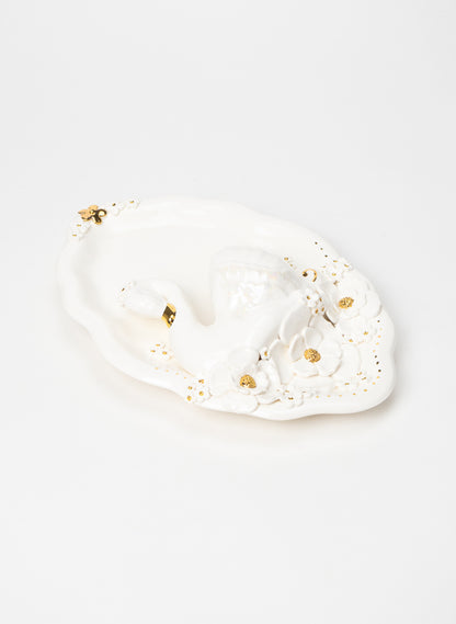 Large Oval Swan Wall Plate with White and Gold Flowers