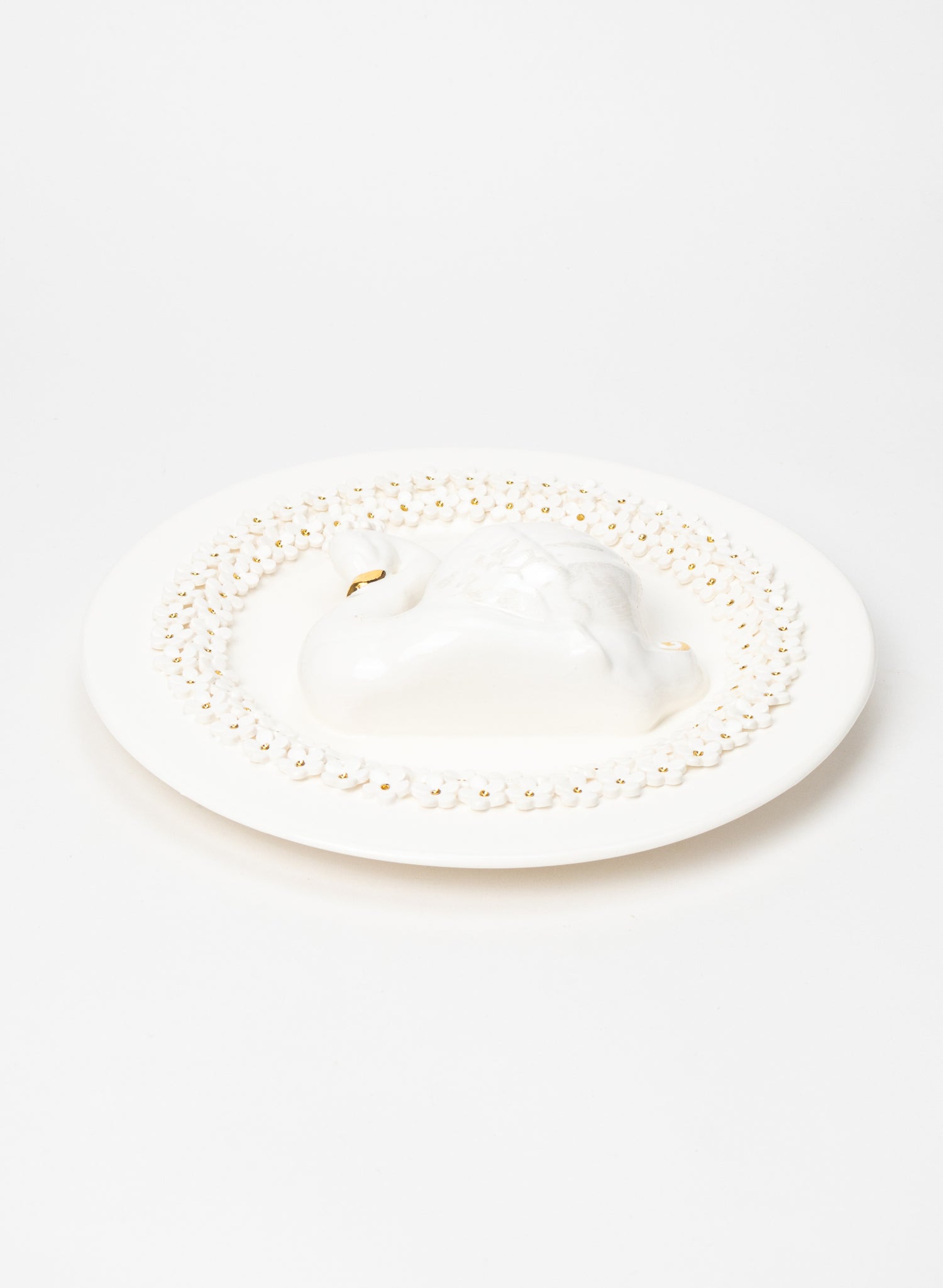Large Round Swan Wall Plate with White and Gold Flowers