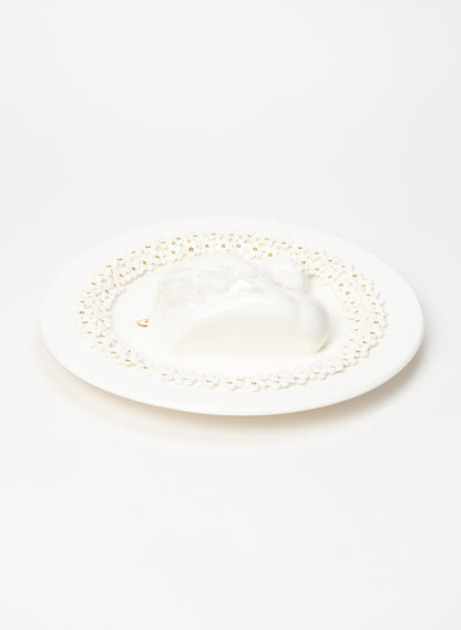Large Round Swan Wall Plate with White and Gold Flowers