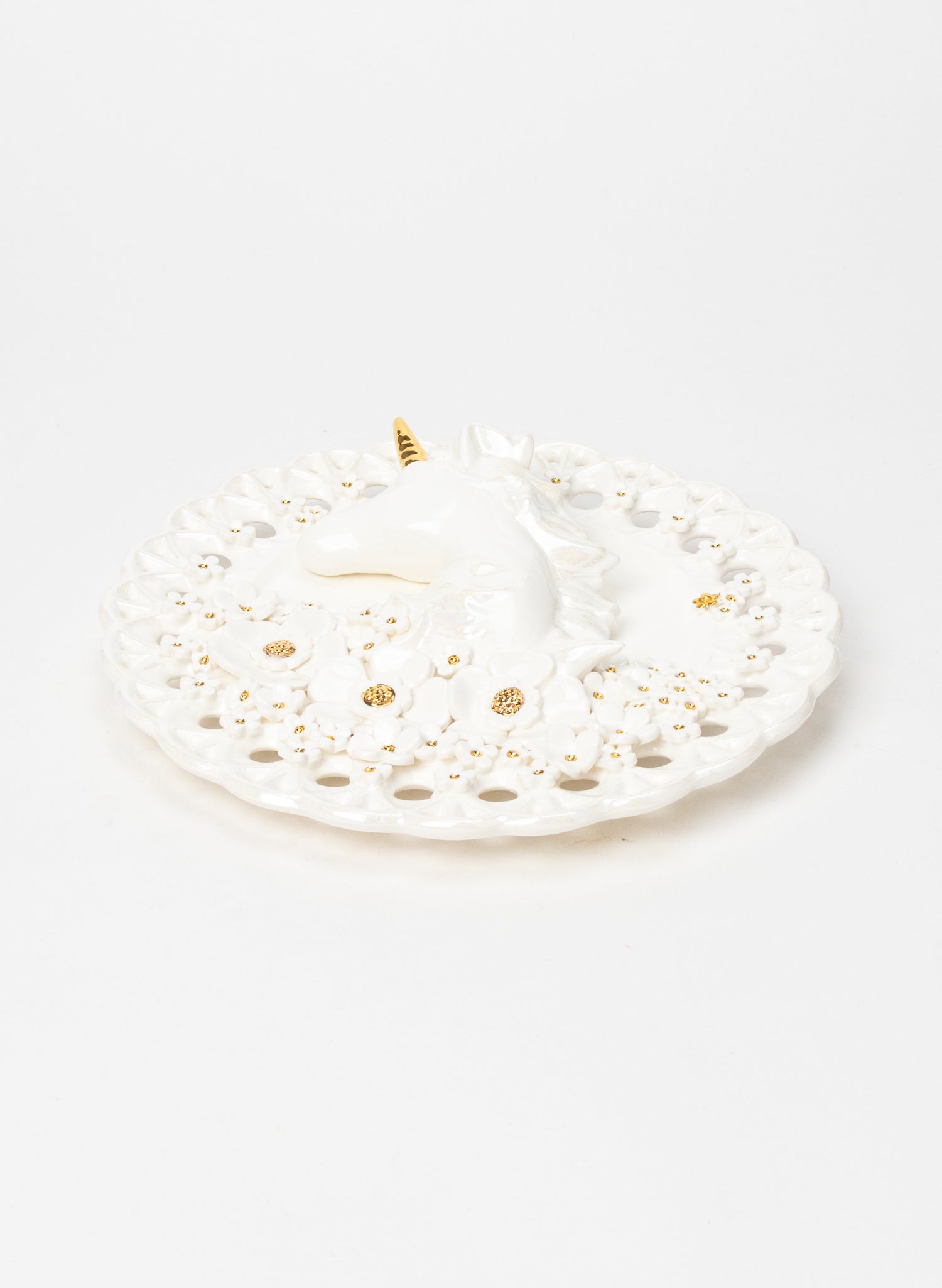 Large Round Unicorn Wall Plate with White and Gold Flowers
