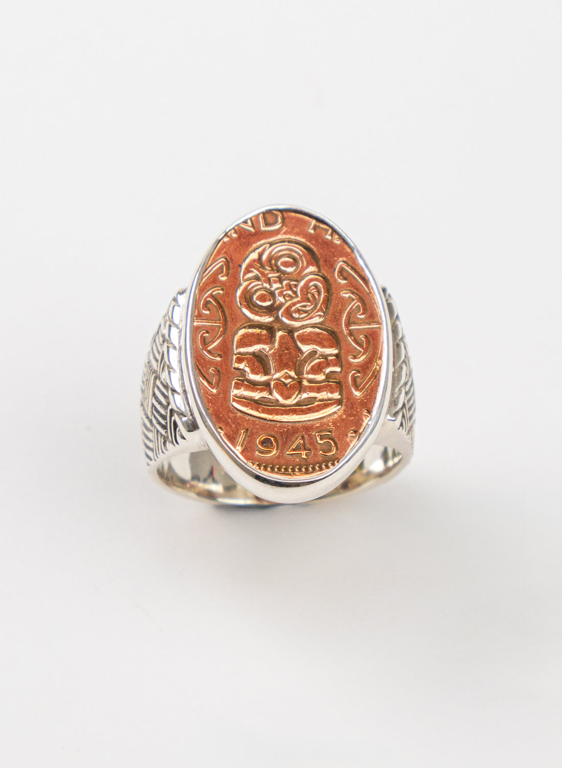 Oval Tiki Penny Signet Ring - Sterling Silver &amp; Bronze