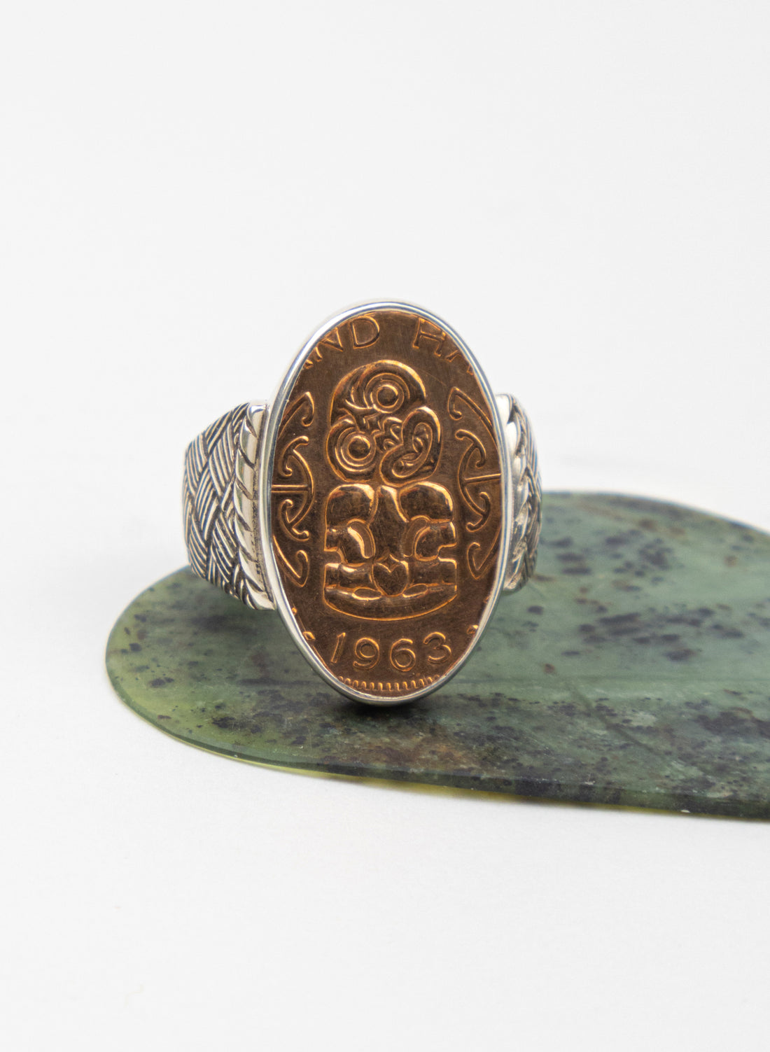 Oval Tiki Penny Signet Ring - Sterling Silver &amp; Bronze