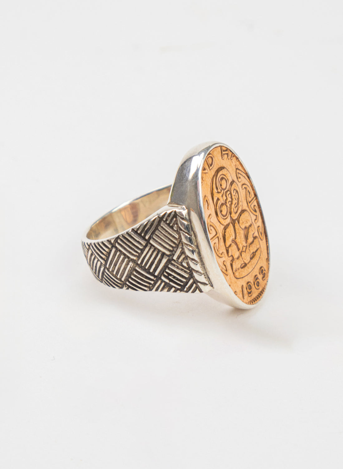 Oval Tiki Penny Signet Ring - Sterling Silver &amp; Bronze