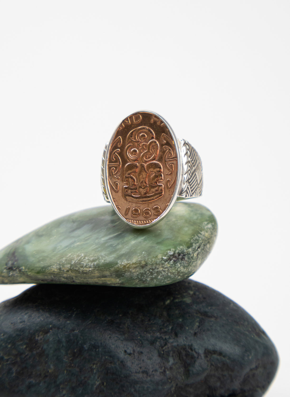 Oval Tiki Penny Signet Ring - Sterling Silver &amp; Bronze