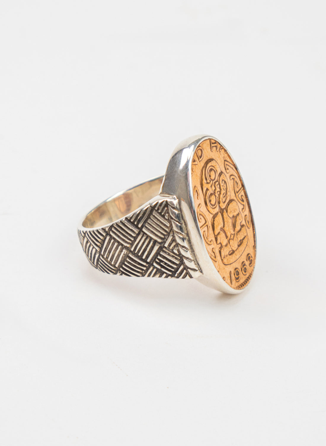 Oval Tiki Penny Signet Ring - Sterling Silver &amp; Bronze