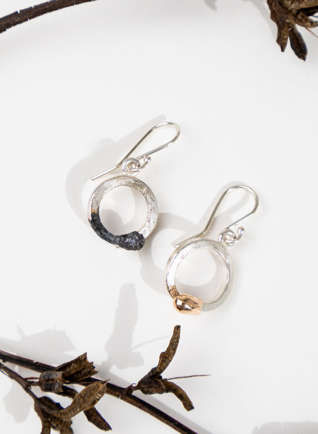 Curled Burnt &amp; Live Match Earrings - Sterling Silver &amp; Rose Gold