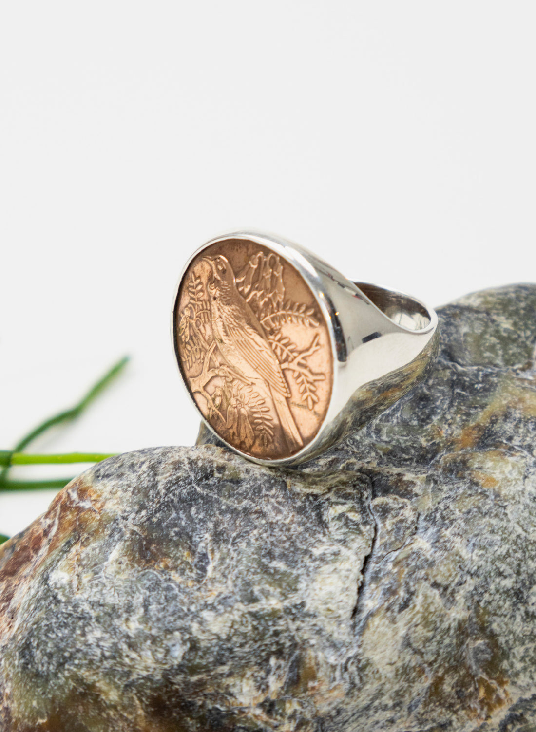 Round Tūī Penny Signet Ring - Sterling Silver &amp; Bronze