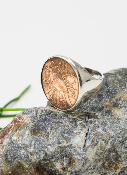 Round Tūī Penny Signet Ring - Sterling Silver &amp; Bronze