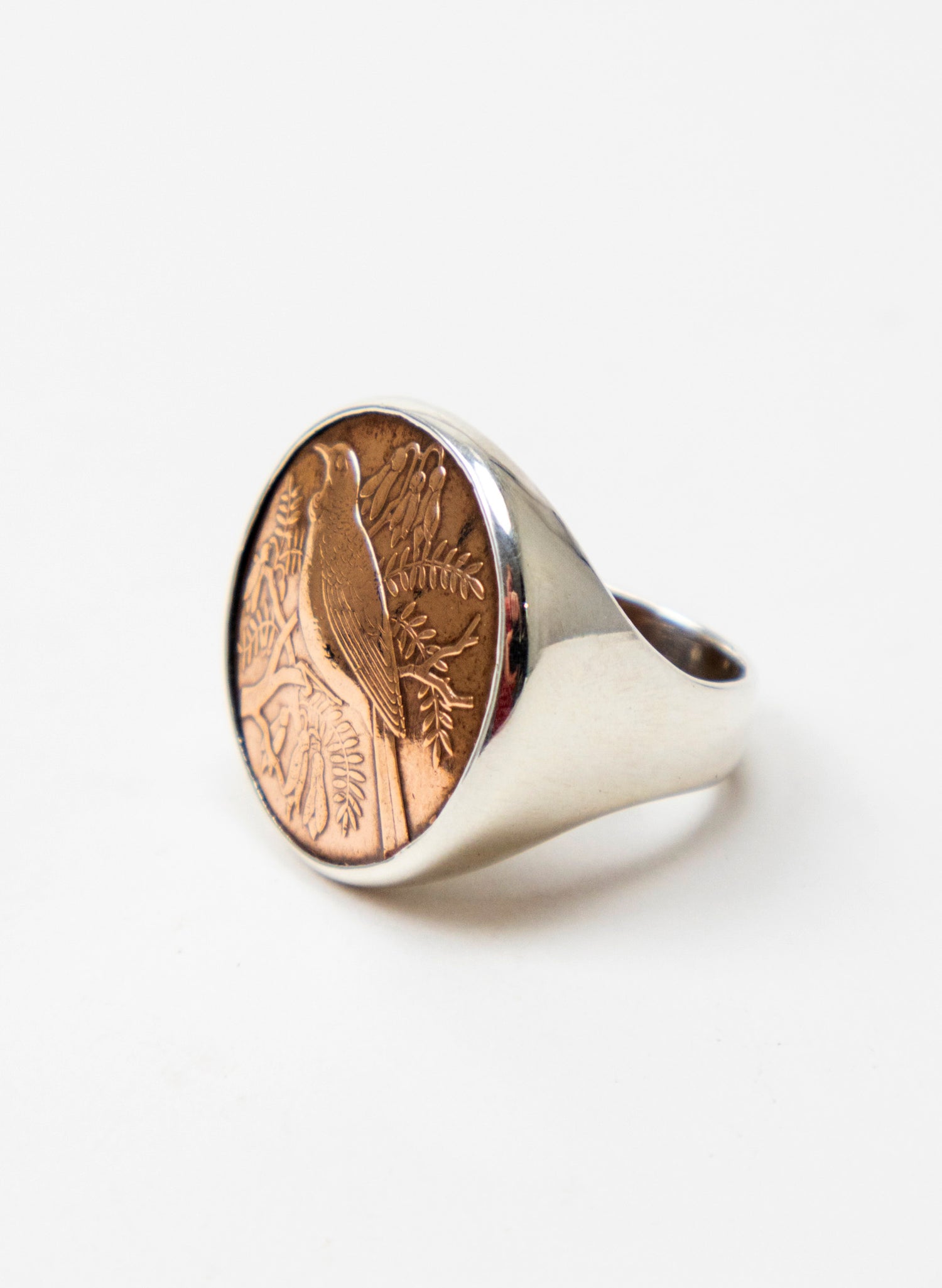Round Tūī Penny Signet Ring - Sterling Silver &amp; Bronze