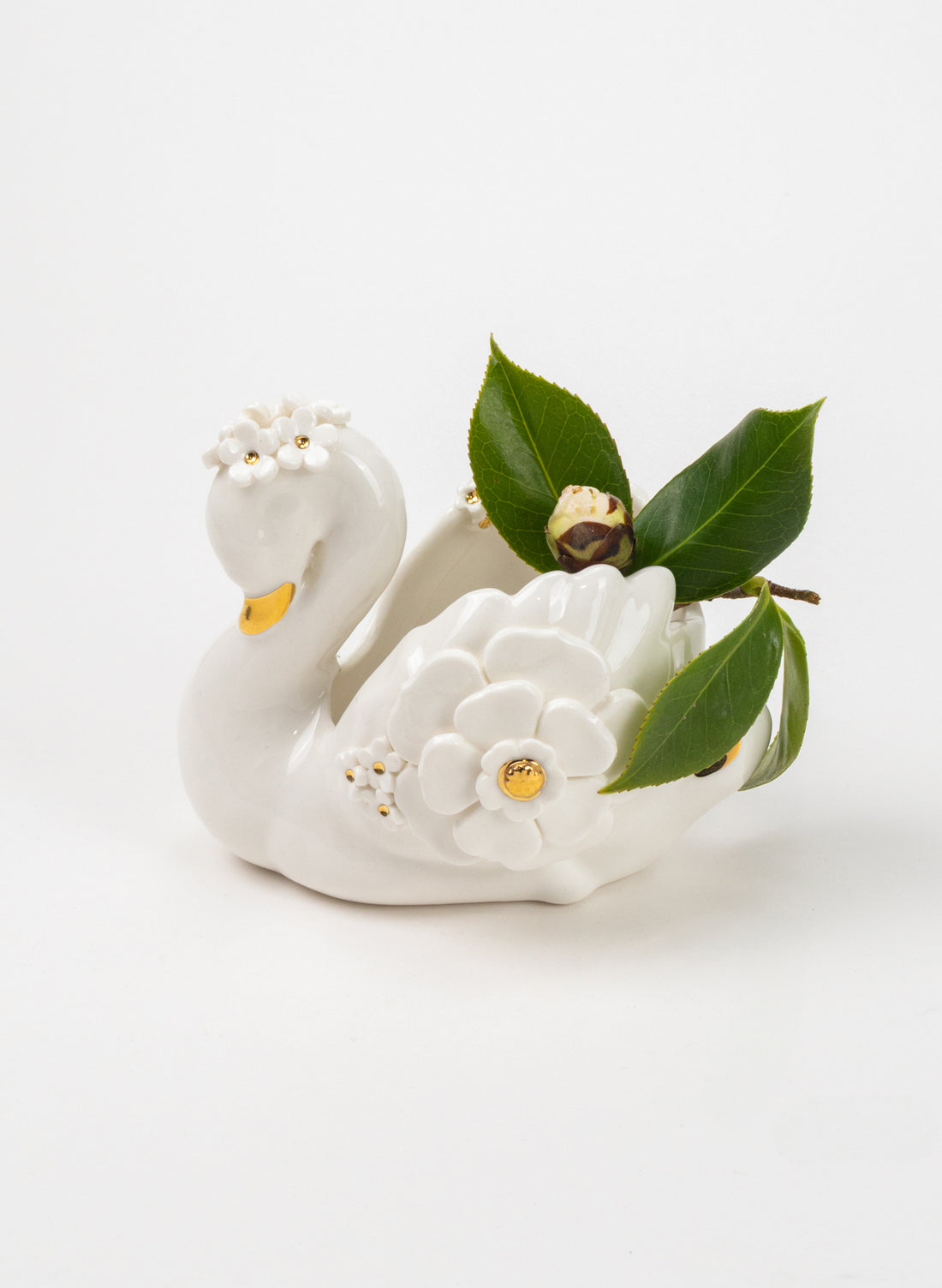Swan with Gold and White Flowers