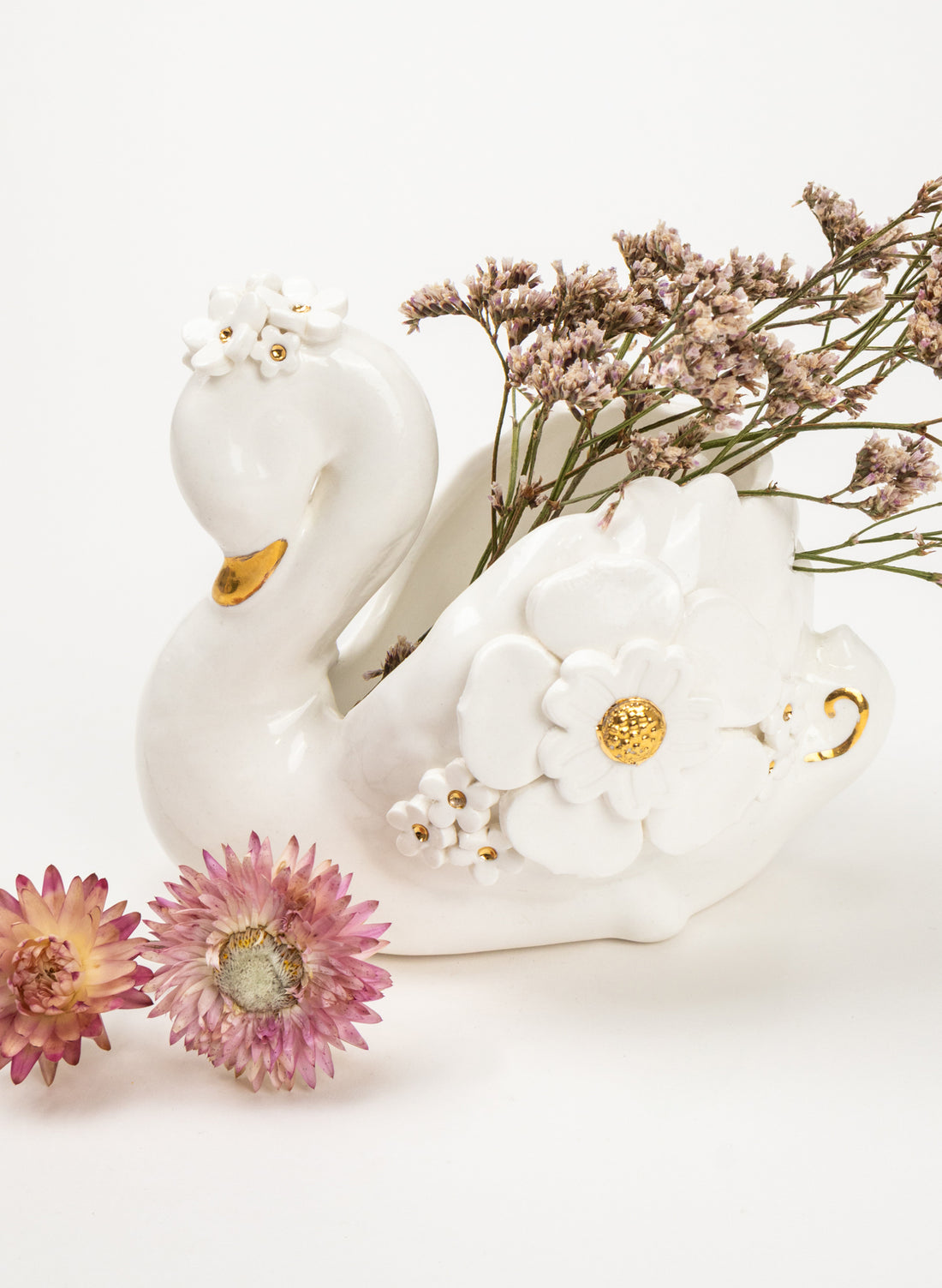 Swan with Gold and White Flowers