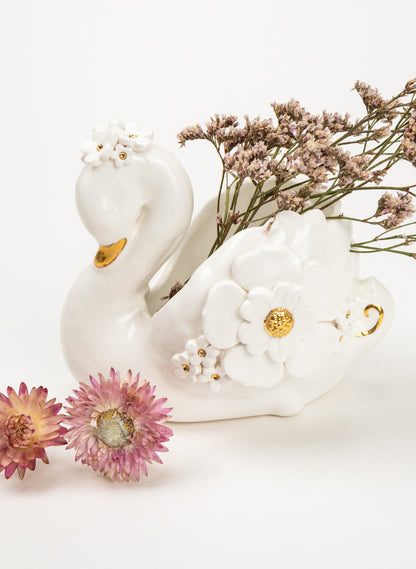Swan with Gold and White Flowers