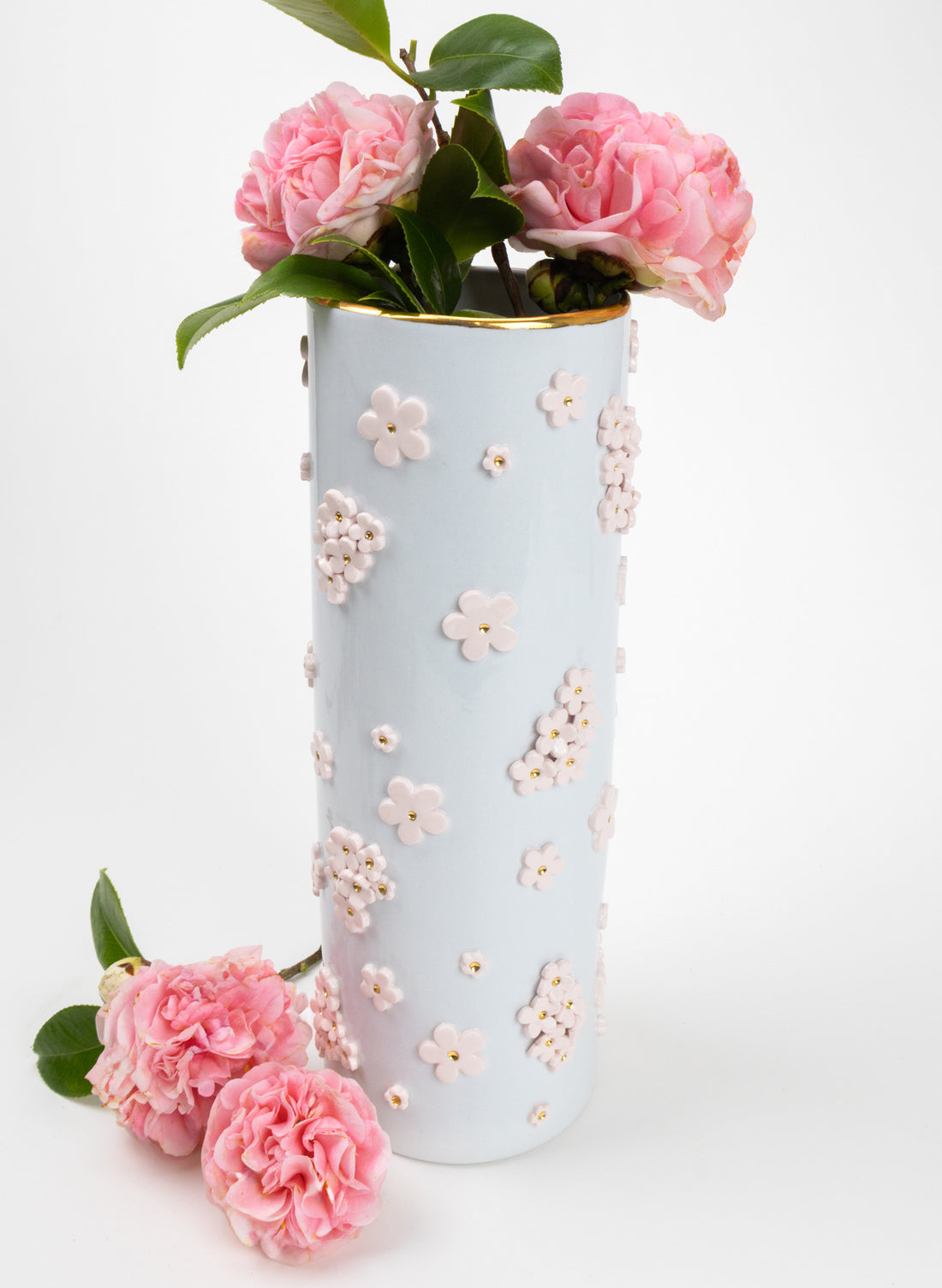 XXL Round Tall Blue Vase with White and Gold Flowers