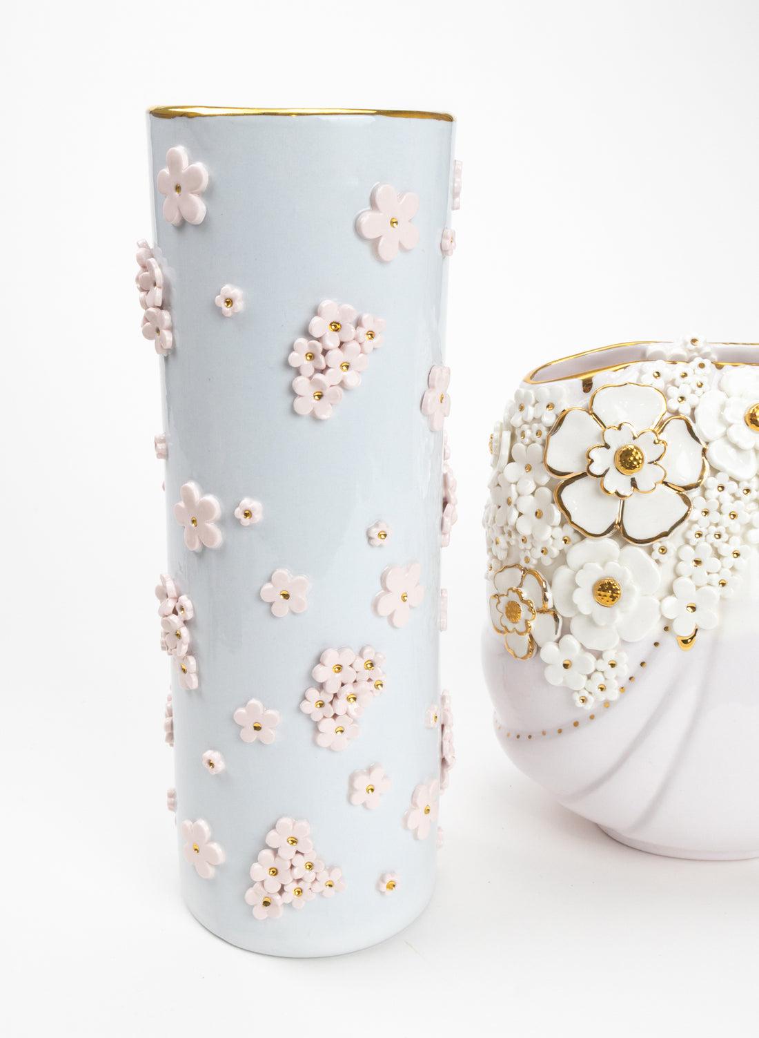 XXL Round Tall Blue Vase with White and Gold Flowers