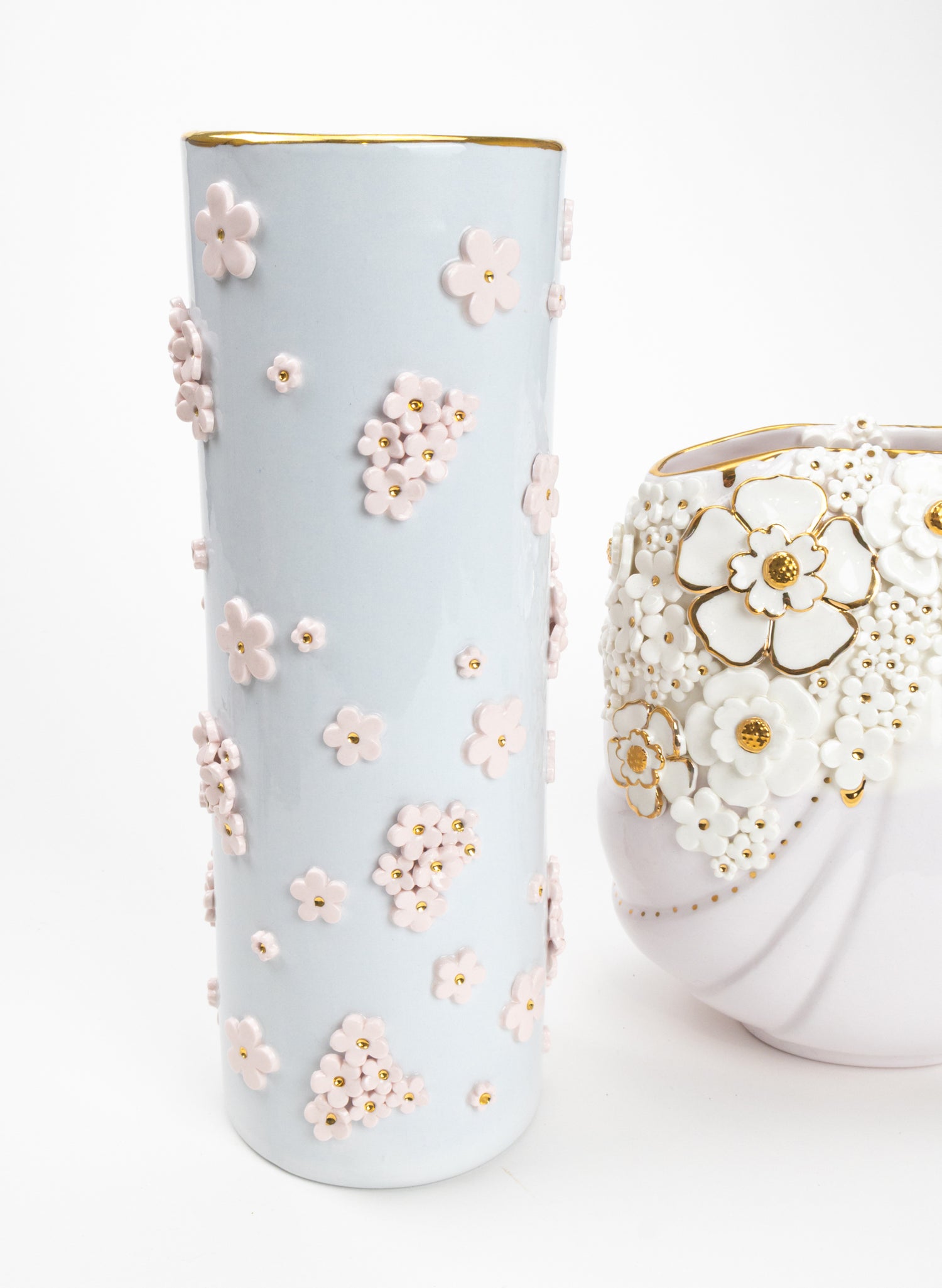 XXL Round Tall Blue Vase with White and Gold Flowers