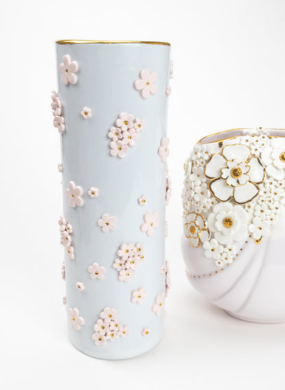 XXL Round Tall Blue Vase with White and Gold Flowers