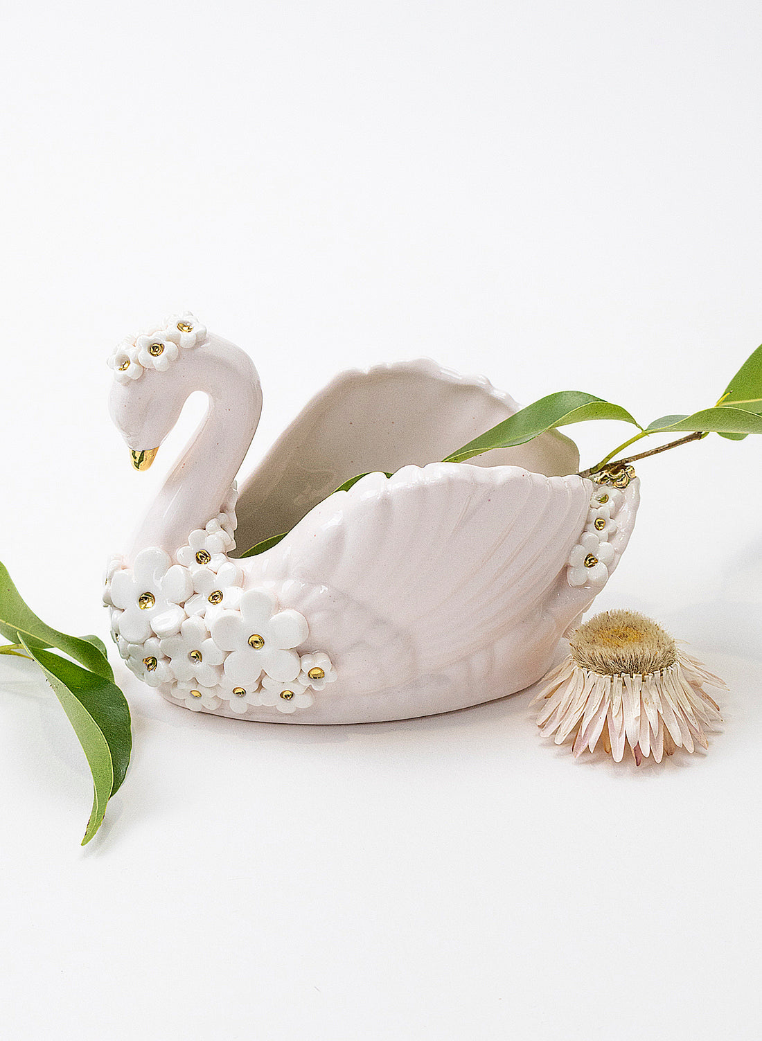 Small Pale Pink Swan Vase with Golden and White Flowers