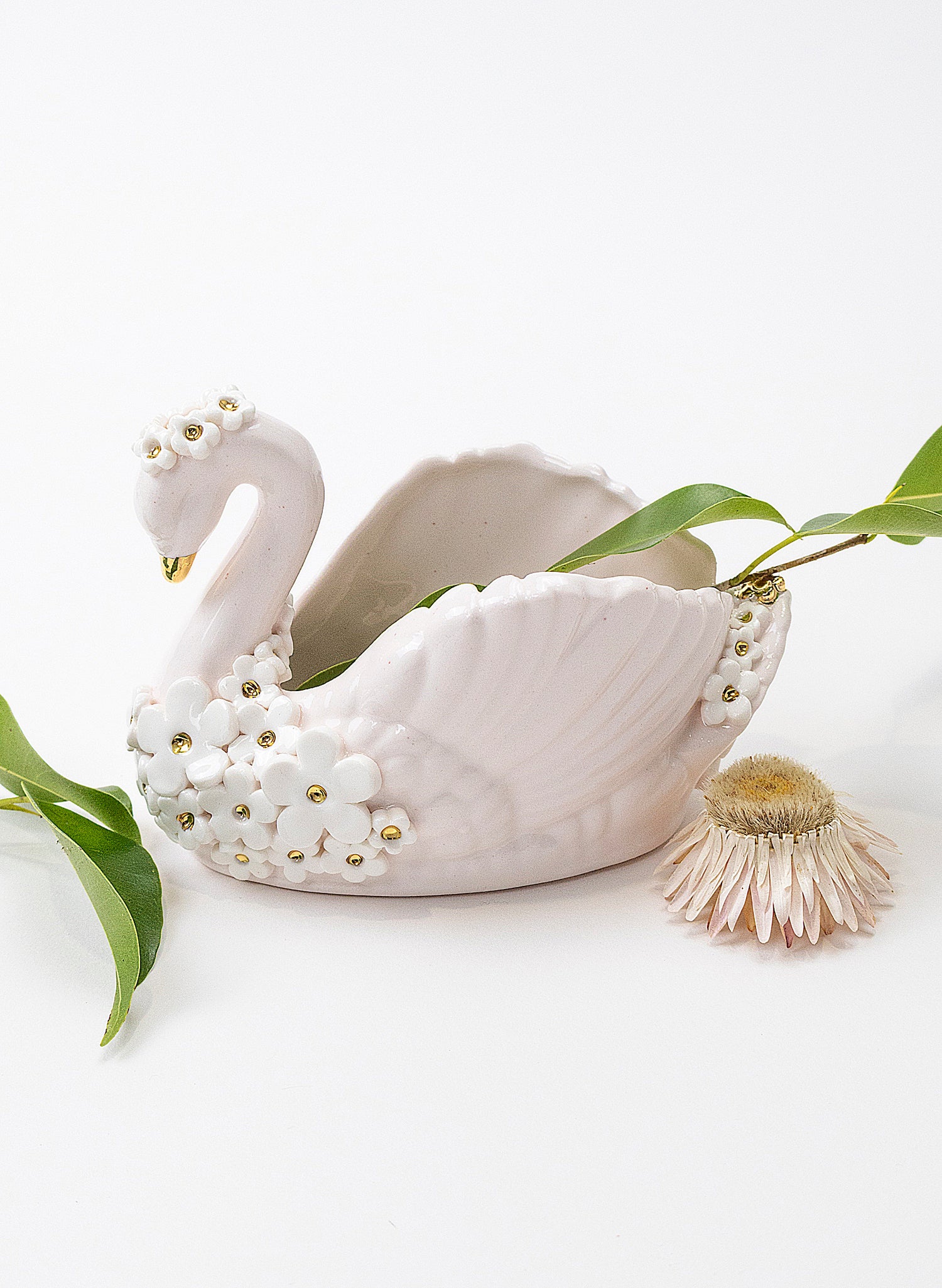 Small Pale Pink Swan Vase with Golden and White Flowers