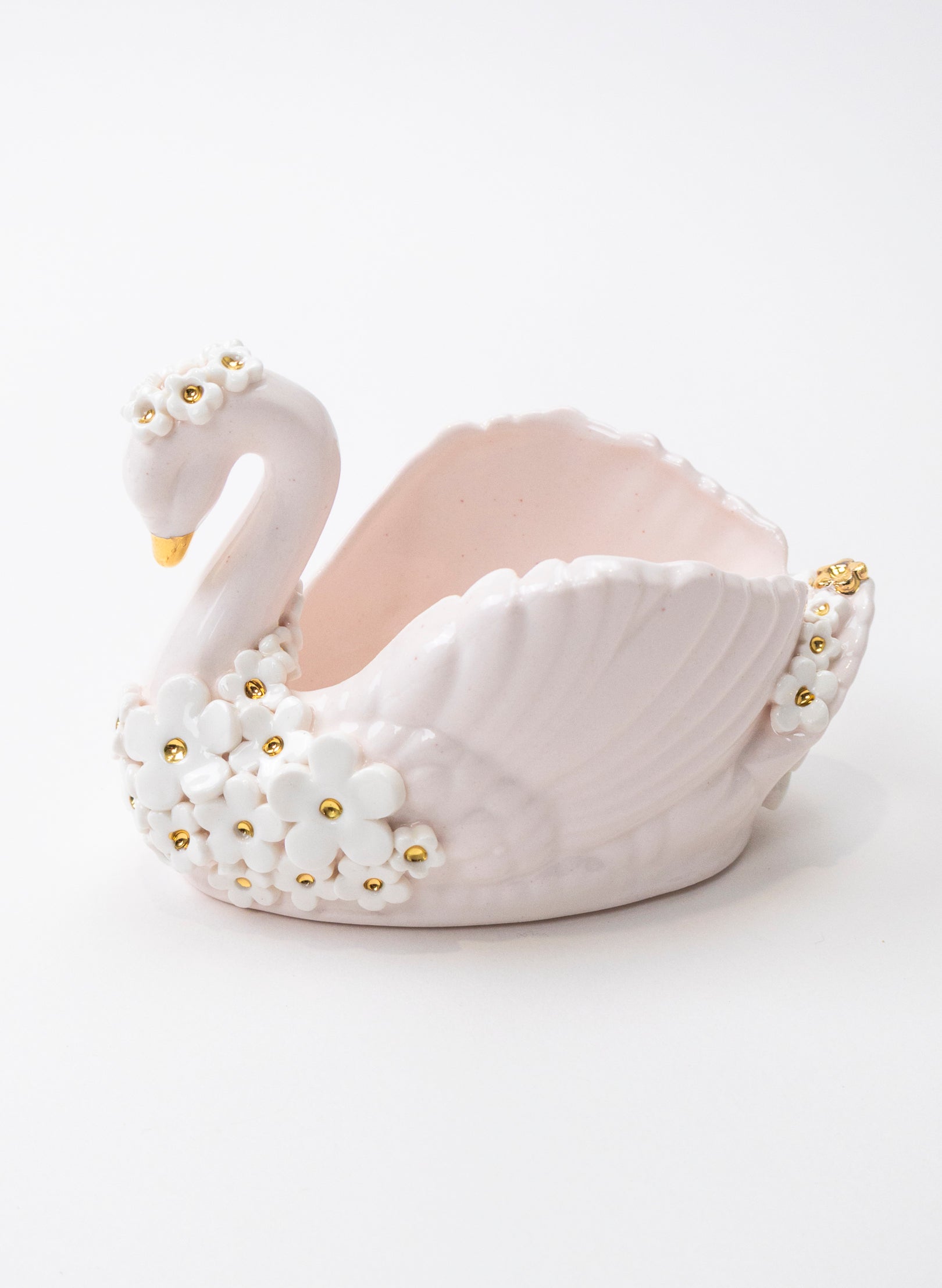 Small Pale Pink Swan Vase with Golden and White Flowers
