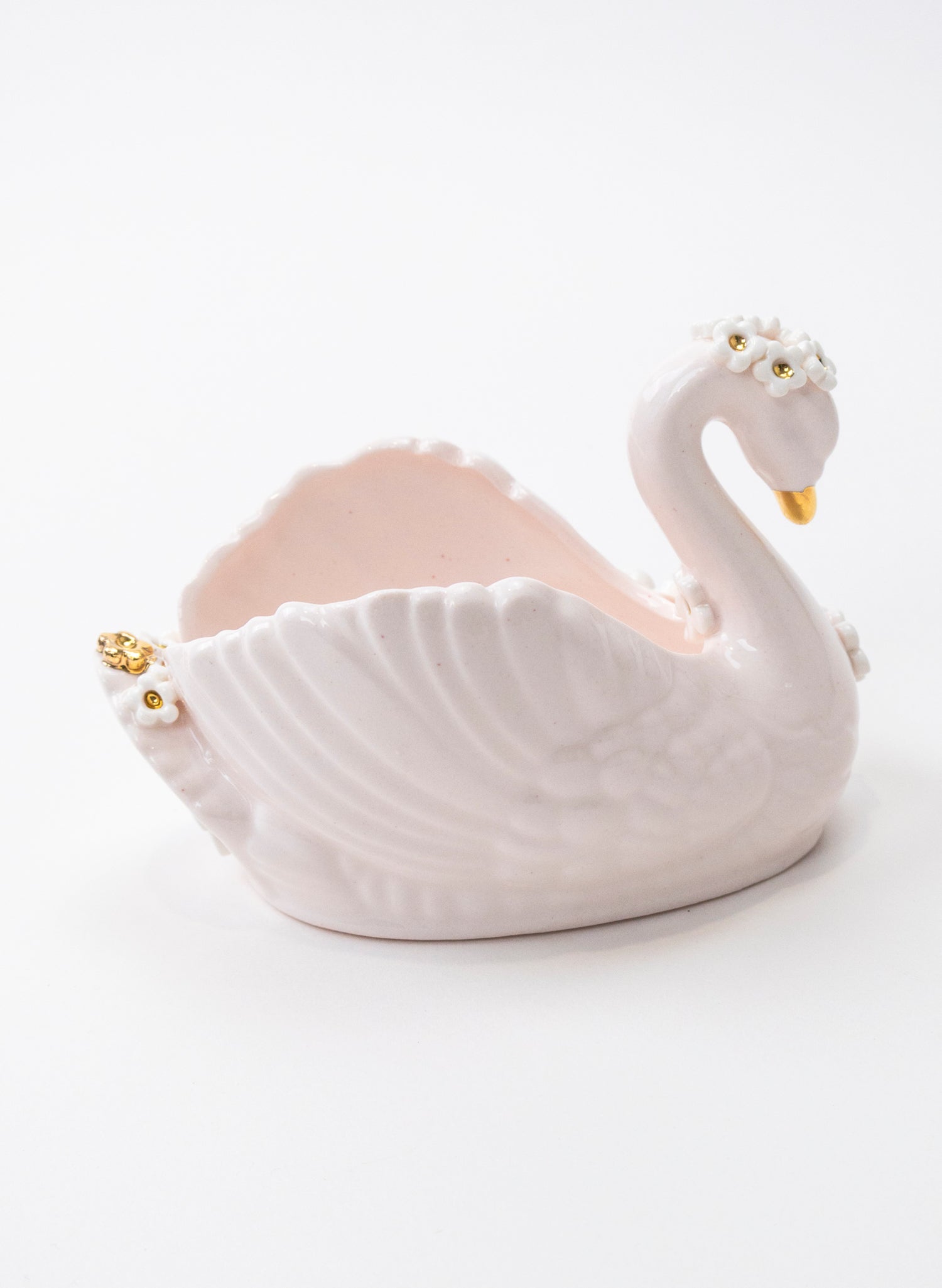 Small Pale Pink Swan Vase with Golden and White Flowers